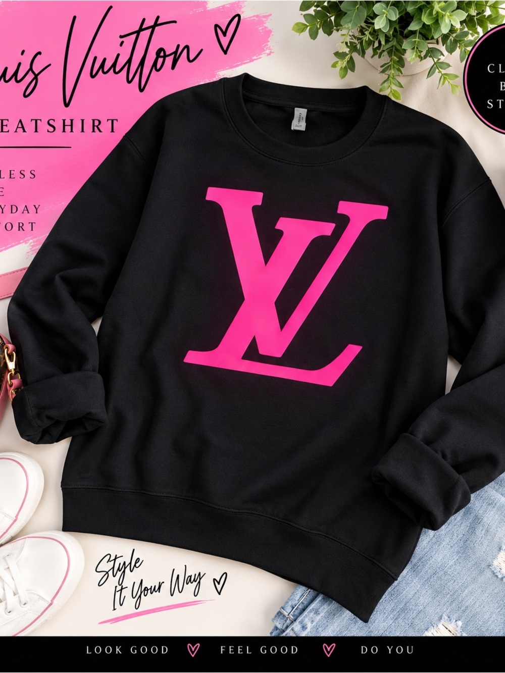 Louis Vuitton Black Crewneck Sweatshirt with Hot Pink LV Logo